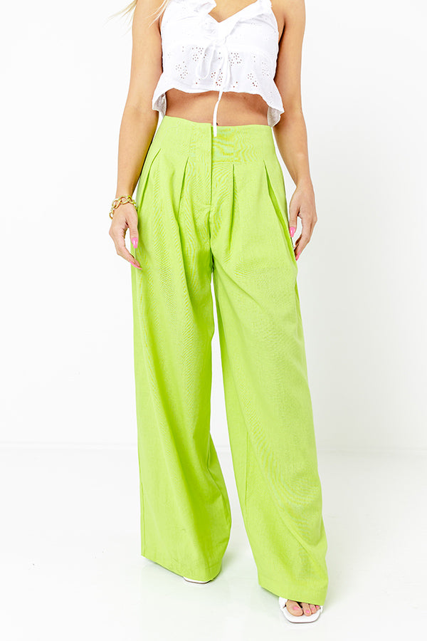 The Evelyn High Waist Linen-Blend Pants In Lime Punch