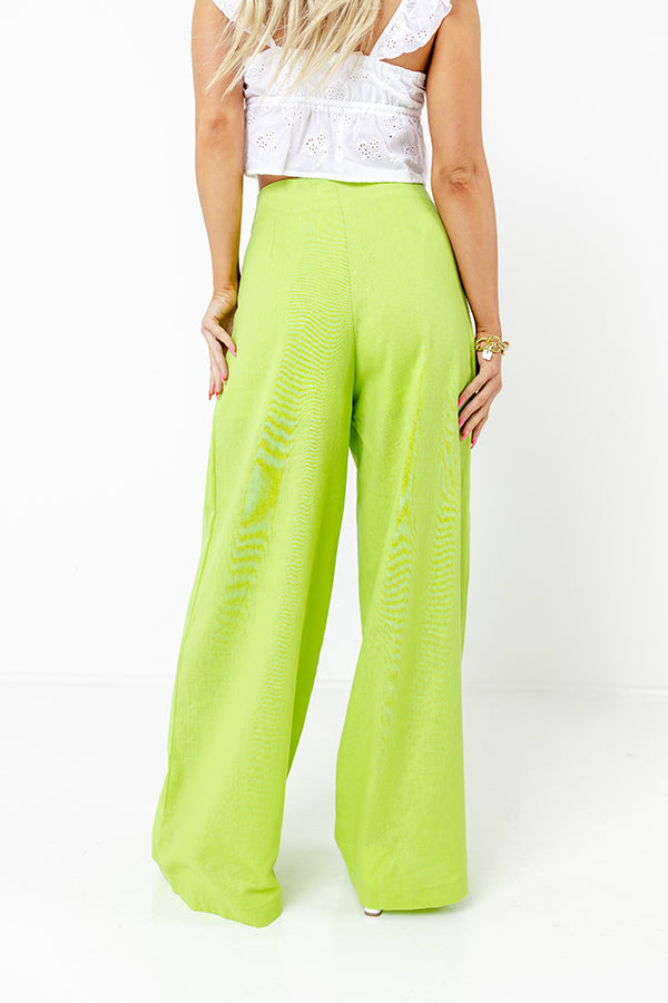 The Evelyn High Waist Linen-Blend Pants In Lime Punch