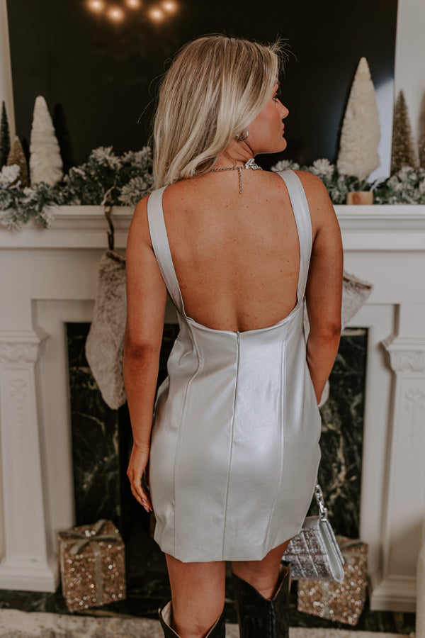 Cocktails And Cheers Faux Leather Mini Dress in Light Silver