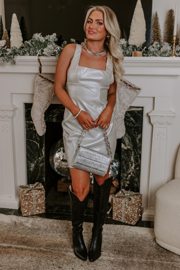 Cocktails And Cheers Faux Leather Mini Dress in Light Silver Cocktails And Cheers Faux Leather Mini Dress in Light Silver