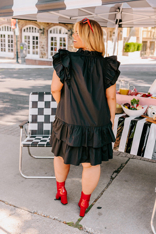 Under The Stadium Lights Ruffle Mini Dress in Black Curves