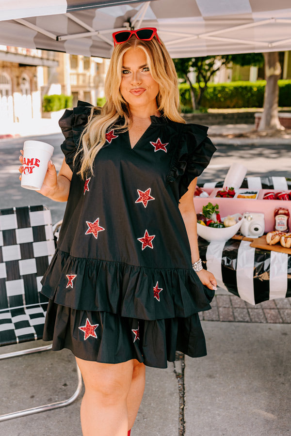 Under The Stadium Lights Ruffle Mini Dress in Black Curves