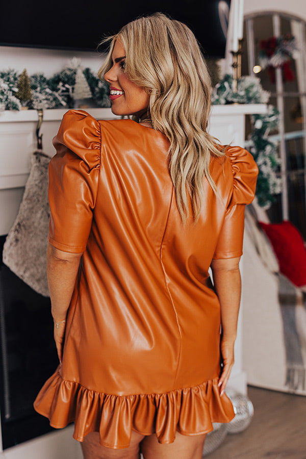 Stylish Setting Faux Leather Mini Dress in Camel Curves