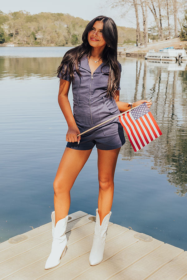 Stay Sophisticated Denim Romper In Navy