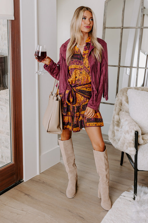 Boho Flow Faux Suede Fringe Jacket in Maroon