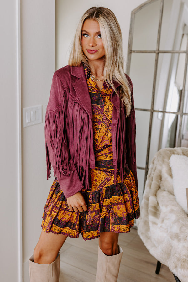 Boho Flow Faux Suede Fringe Jacket in Maroon