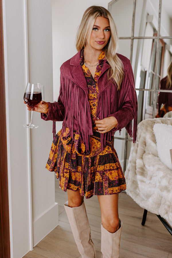 Boho Flow Faux Suede Fringe Jacket in Maroon
