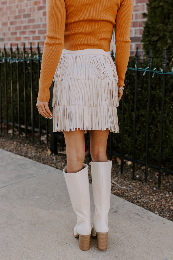 Boho Flow Faux Suede Fringe Skirt in Cream
