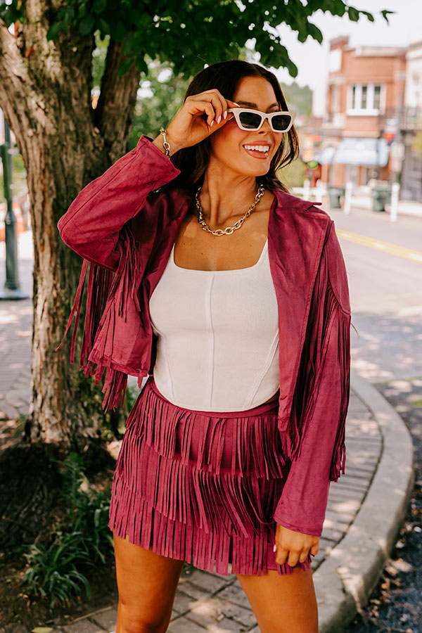 Boho Flow Faux Suede Fringe Skirt in Maroon
