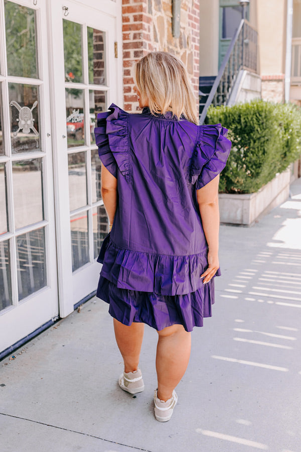 Under The Stadium Lights Ruffle Mini Dress in Purple Curves