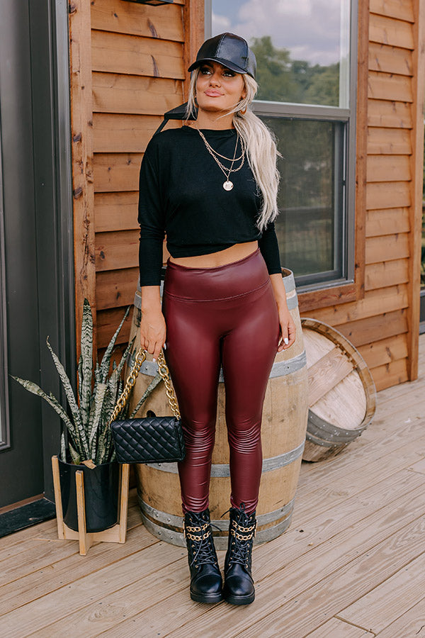 Popular Phrase High Waist Faux Leather Legging in Wine