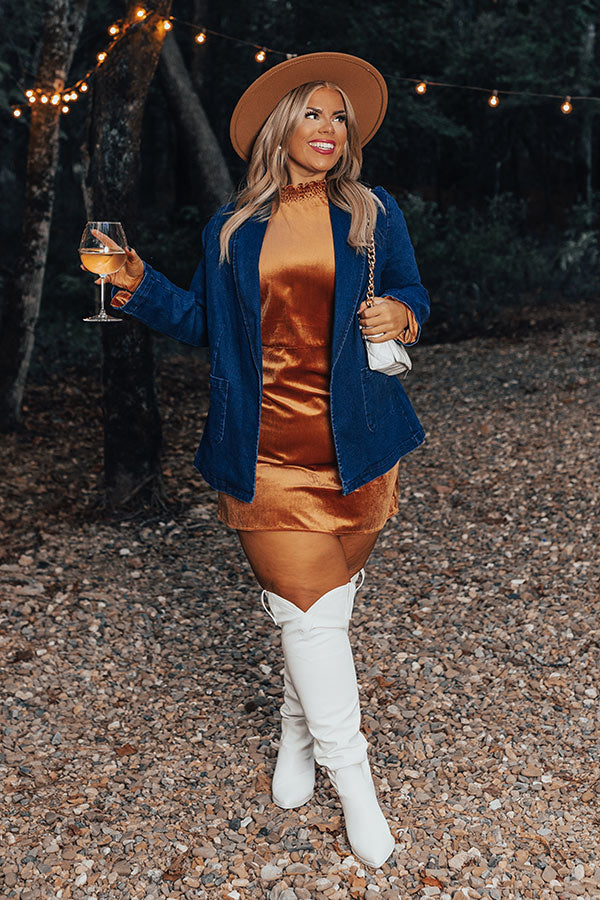 Fashionably Late Velvet Mini Dress In Camel Curves