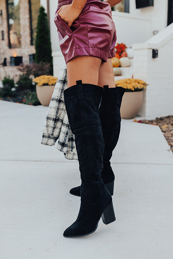 The Kinsley Faux Suede Thigh High Boot In Black