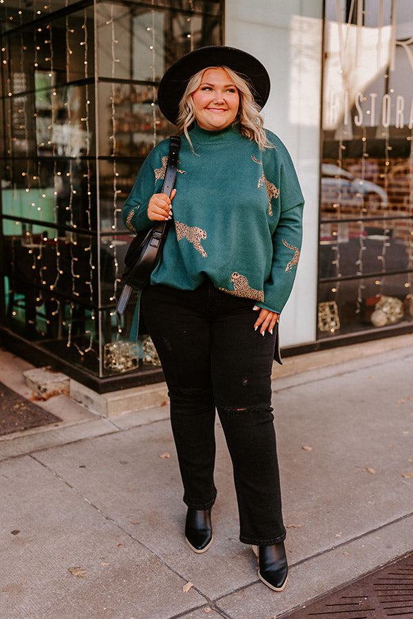 Cozy And Kind Cheetah Sweater In Hunter Green Curves