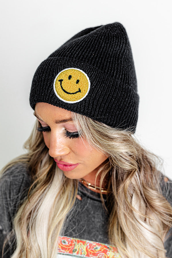 Friendly Smiles Knit Beanie in Black