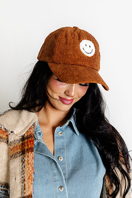 Remember To Smile Corduroy Baseball Cap in Brown