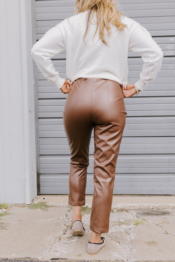 The Luna High Waist Faux Leather Trousers In Chocolate