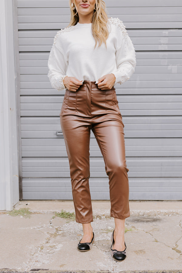 The Luna High Waist Faux Leather Trousers In Chocolate