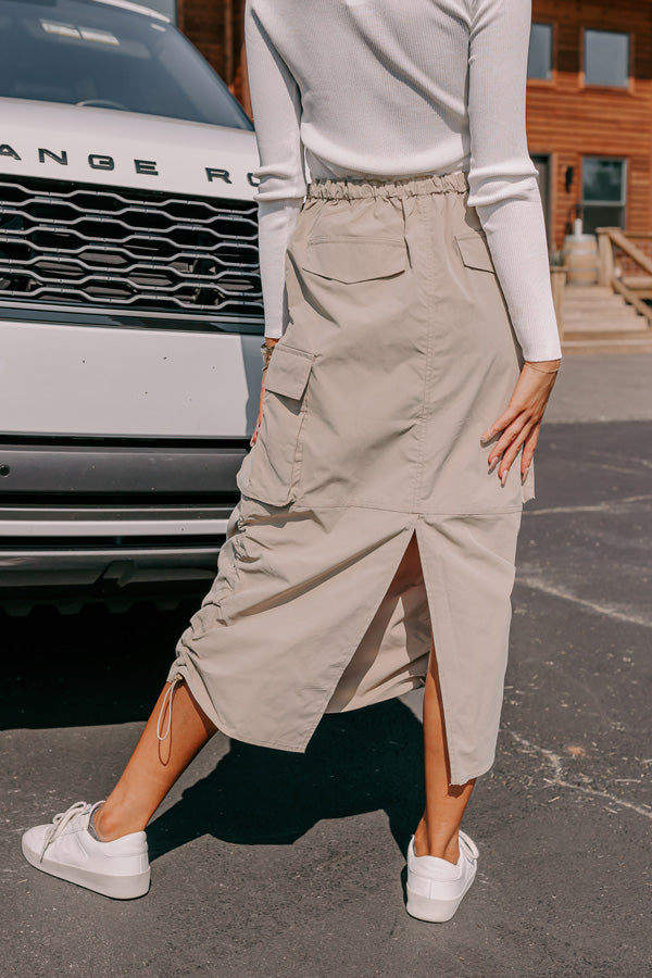 Cool Energy Cargo Midi Skirt in Warm Taupe