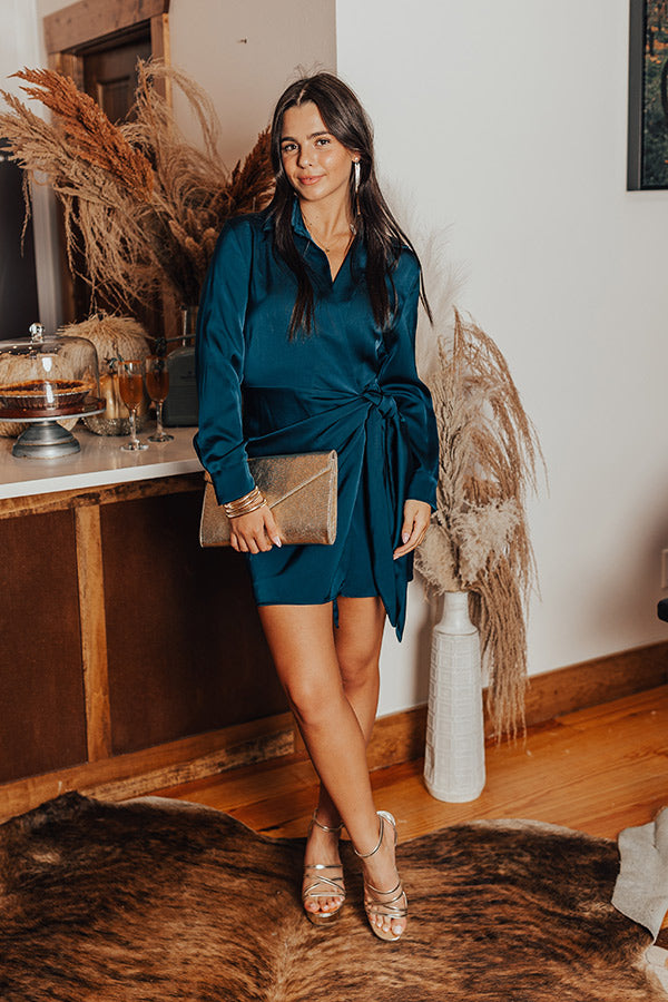 Hampton Wrap Satin Dress In Teal