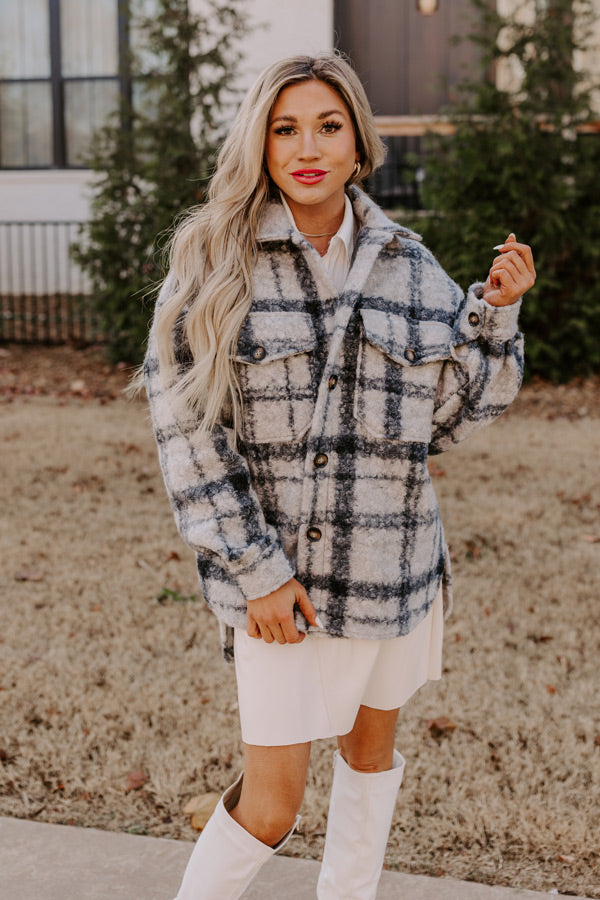 Seasonal Snuggles Plaid Sherpa Jacket in Grey