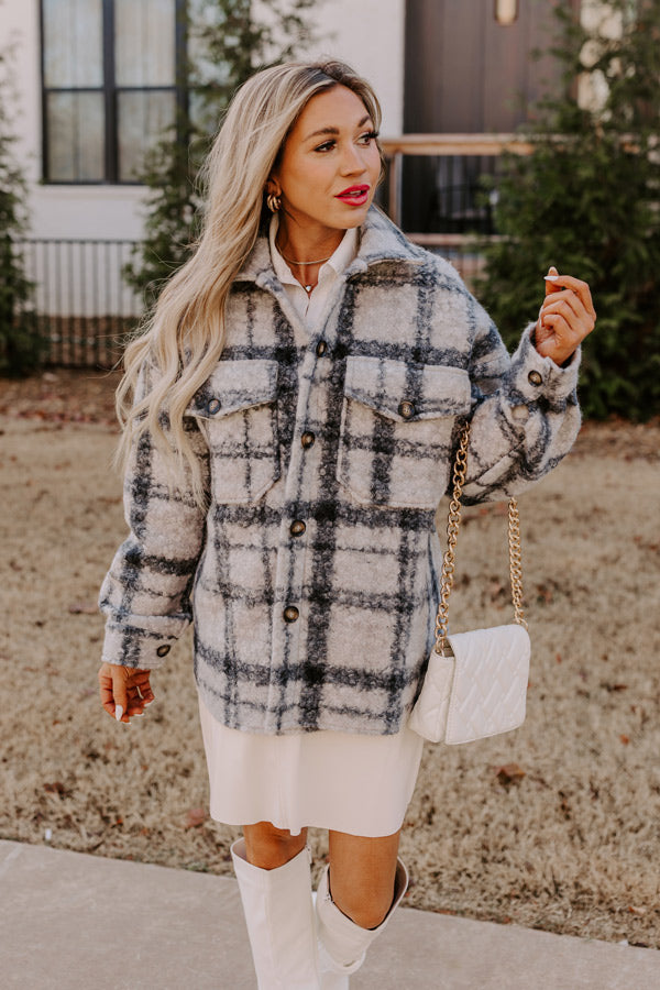 Seasonal Snuggles Plaid Sherpa Jacket in Grey