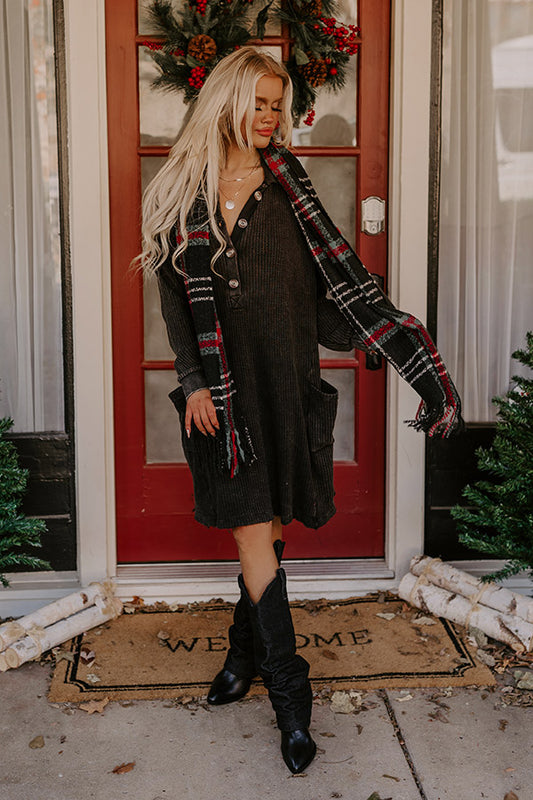 Harvest Cheer Waffle Knit Mini Dress In Vintage Black