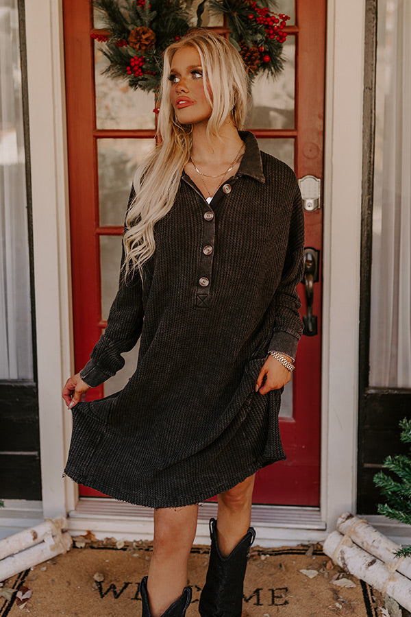 Harvest Cheer Waffle Knit Mini Dress In Vintage Black