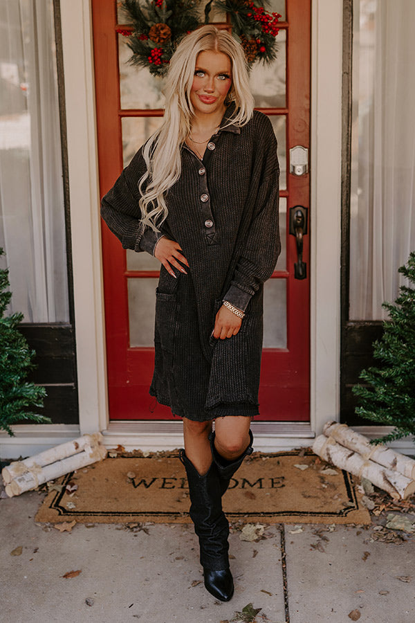 Harvest Cheer Waffle Knit Mini Dress In Vintage Black
