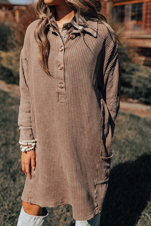 Harvest Cheer Waffle Knit Mini Dress In Taupe