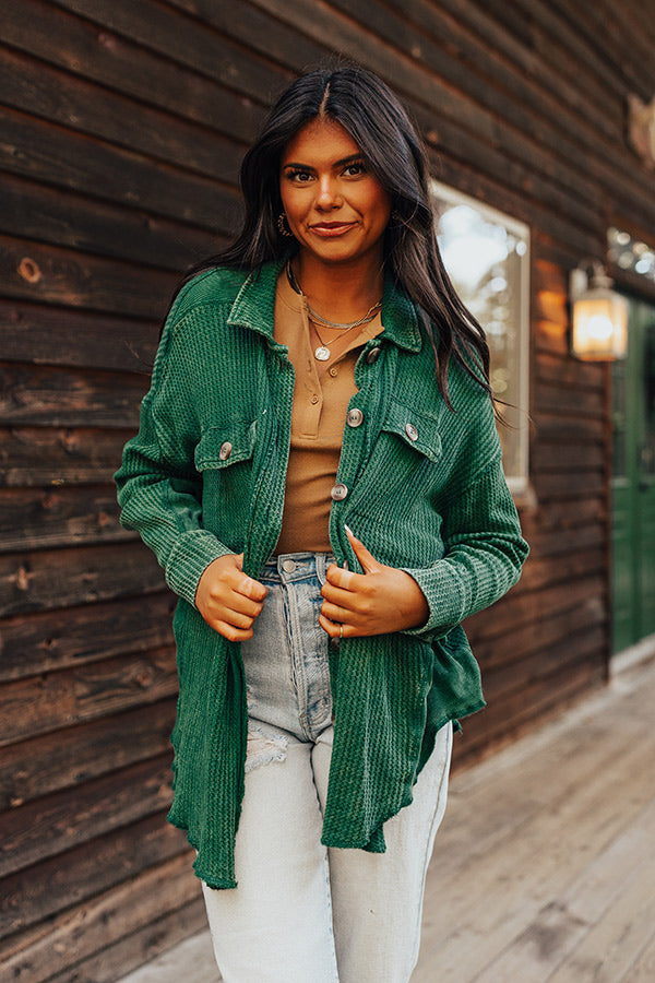 Denver Days Waffle Knit Button Up In Green