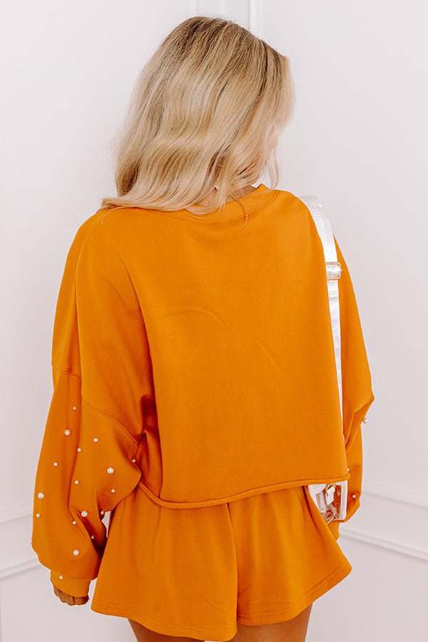 Sideline Chic Pearl Embellished Crop Sweatshirt in Rust