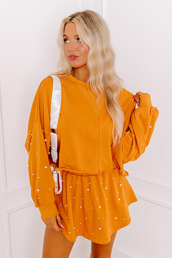 Sideline Chic Pearl Embellished Crop Sweatshirt in Rust