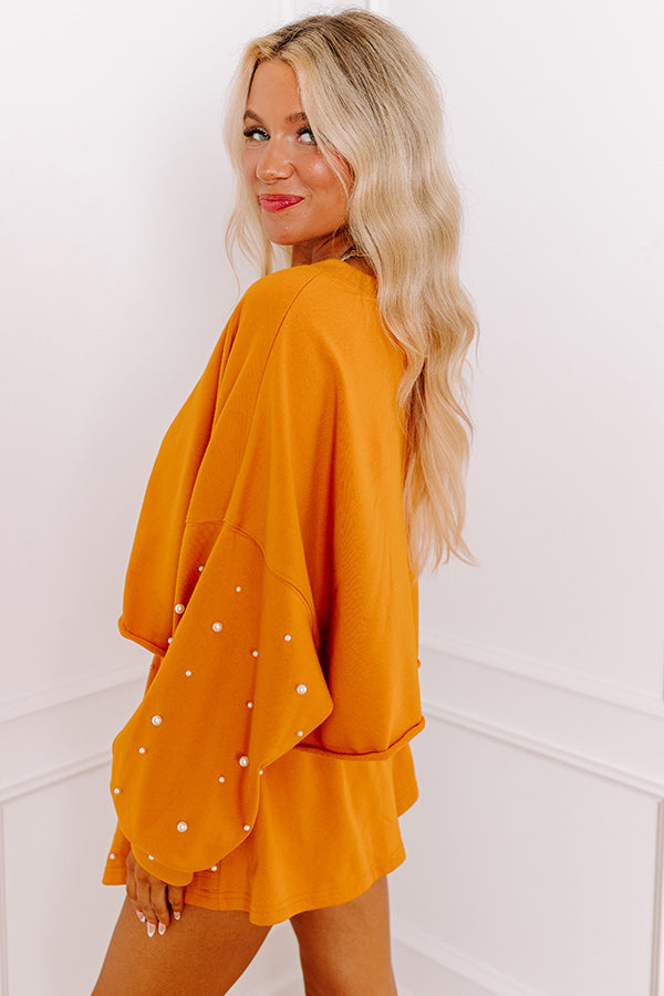Sideline Chic Pearl Embellished Crop Sweatshirt in Rust