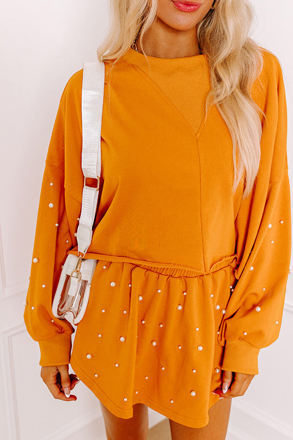 Sideline Chic Pearl Embellished Crop Sweatshirt in Rust