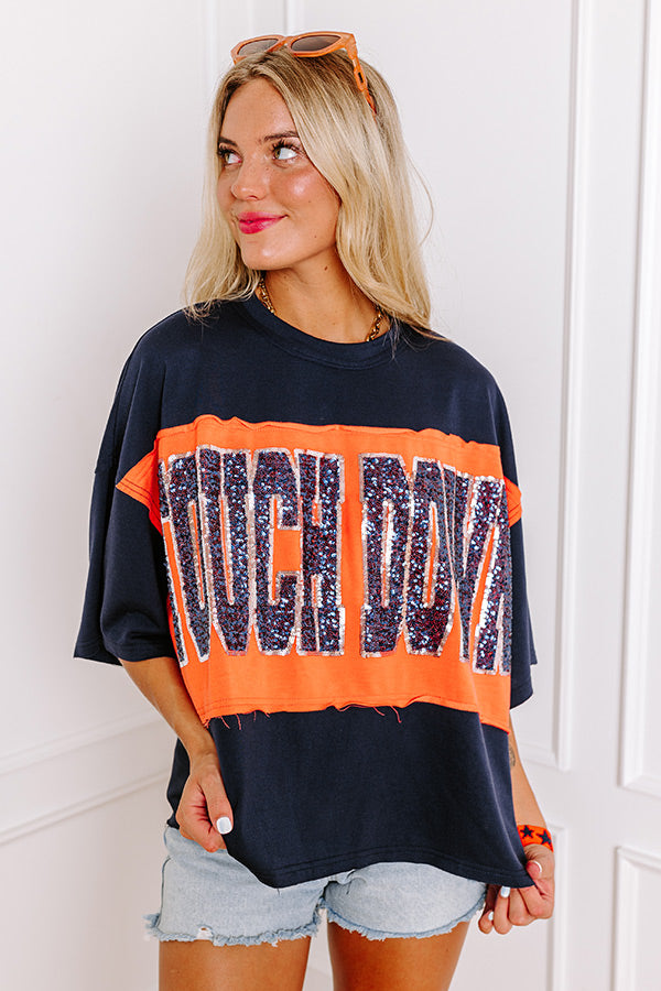 It's a Touch Down Sequin Oversized Tee in Navy/Orange