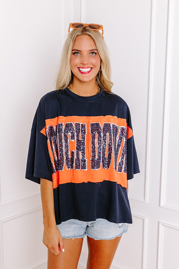 It's a Touch Down Sequin Oversized Tee in Navy/Orange