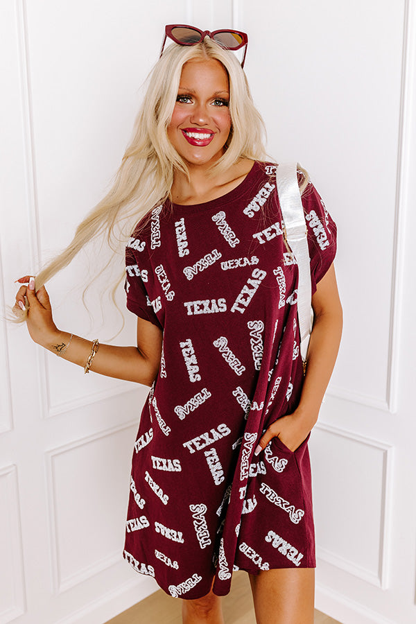 School Spirit Sequin Embroidered Mini Dress in Texas Maroon