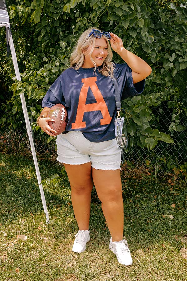 School Pride A Embroidered Short Sleeve Sweatshirt in Navy Curves