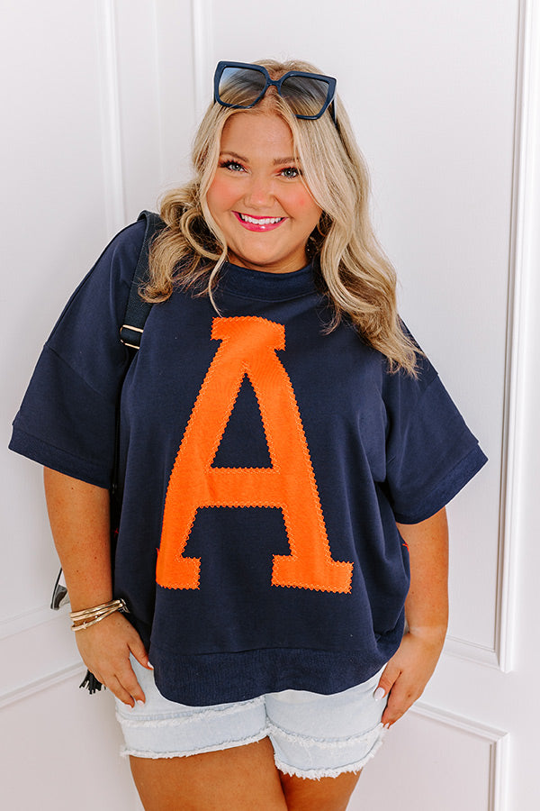 School Pride A Embroidered Short Sleeve Sweatshirt in Navy Curves