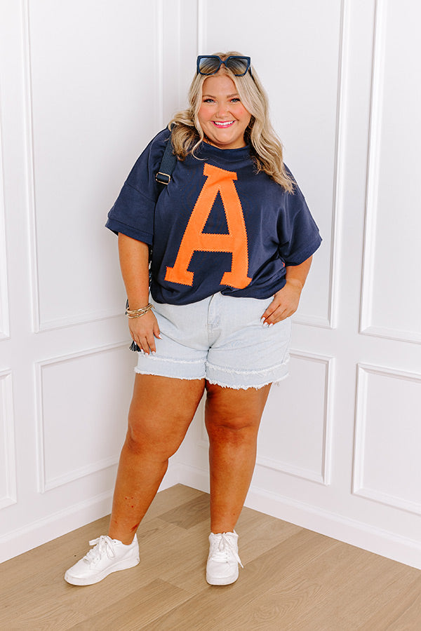 School Pride A Embroidered Short Sleeve Sweatshirt in Navy Curves