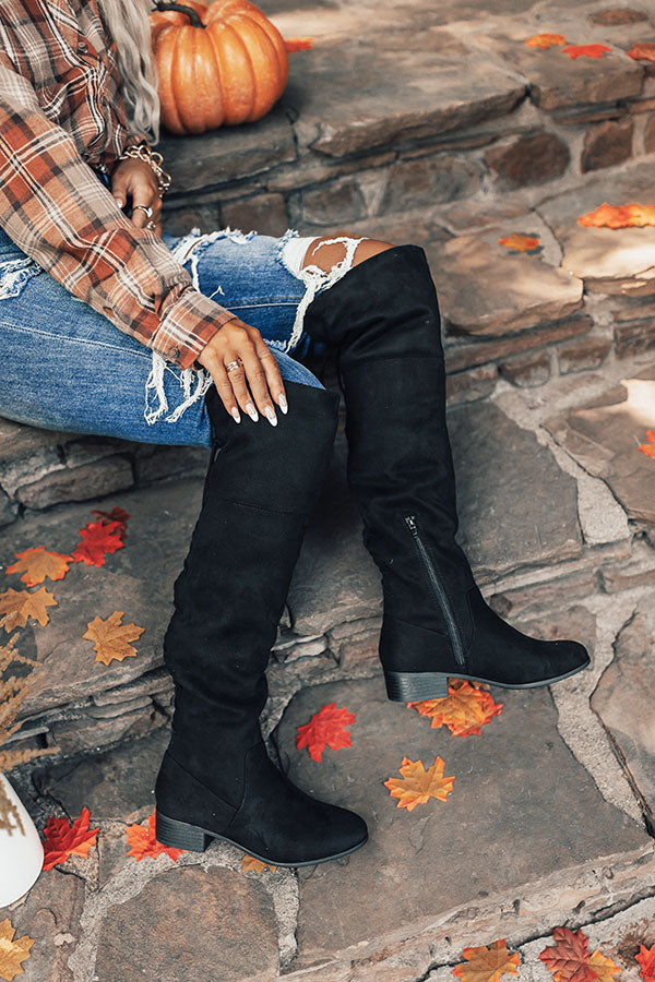 The Victoria Faux Suede Thigh High Boot In Black