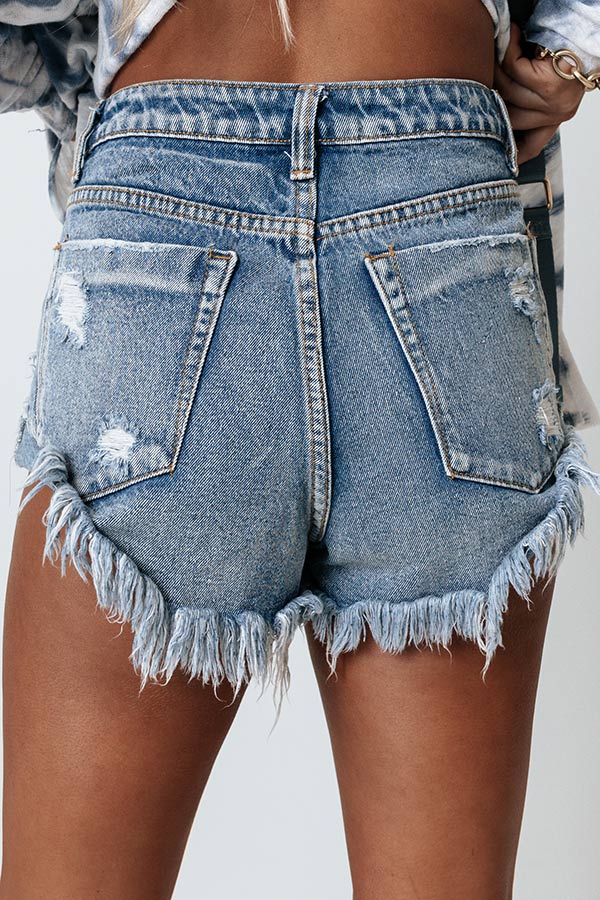 Baja Babe Distressed High Waist Shorts in Medium Wash