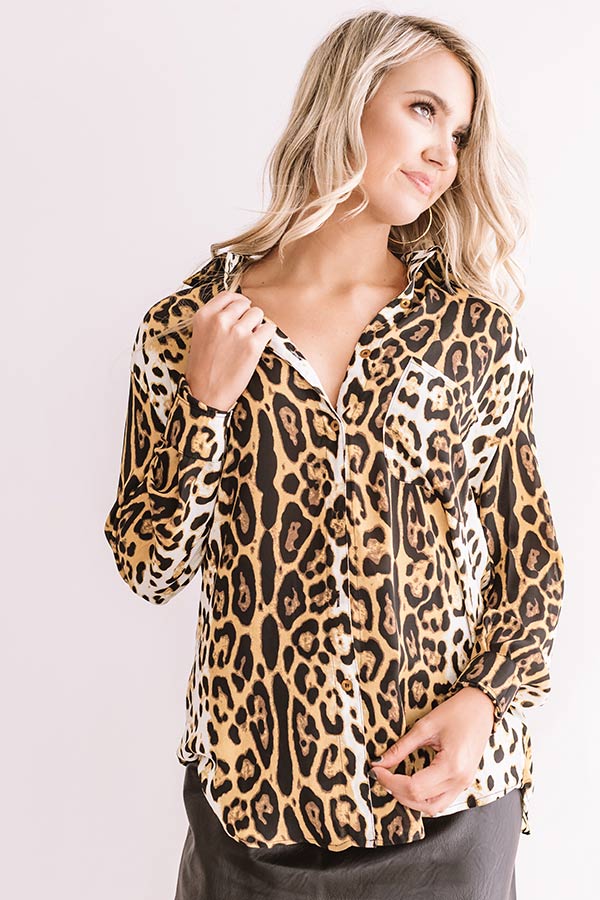 Cider In Aspen Button Up Top In Leopard Print