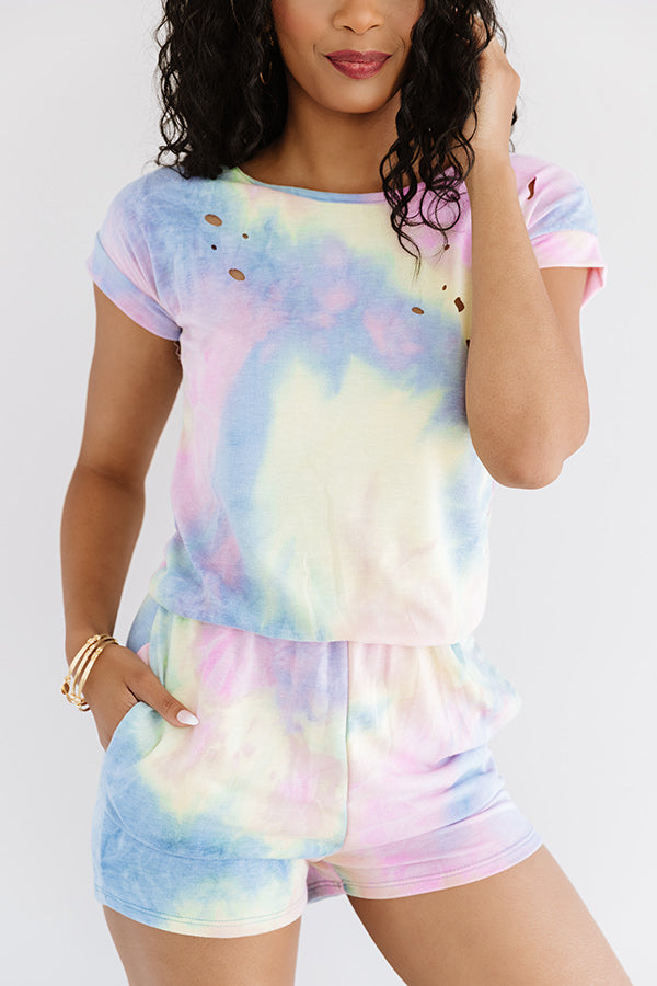 It's All Good Distressed Tie Dye Romper In Blue