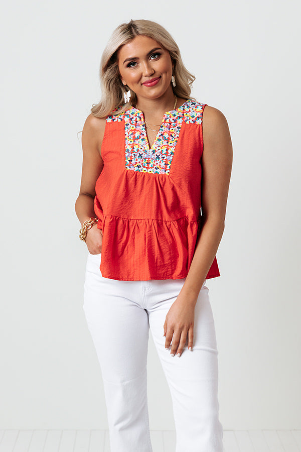 Tahitian Gardens Embroidered Top In Scarlet