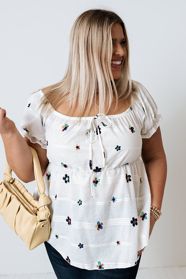Spark Joy Embroidered Top In White Curves