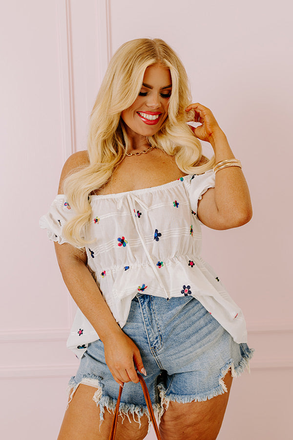 Spark Joy Embroidered Top In White Curves