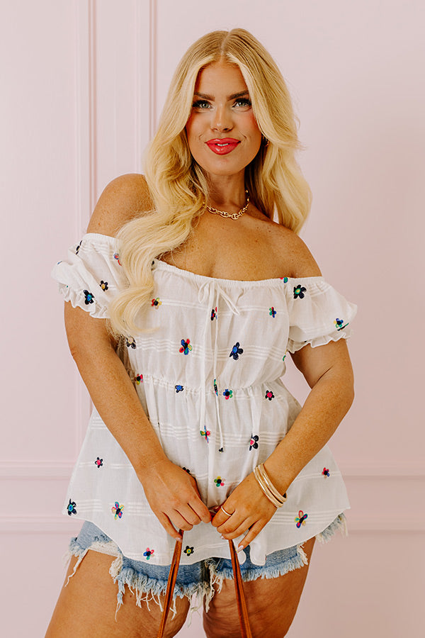 Spark Joy Embroidered Top In White Curves