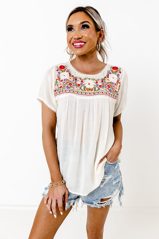 Dreamy Destination Embroidered Shift Top In Red